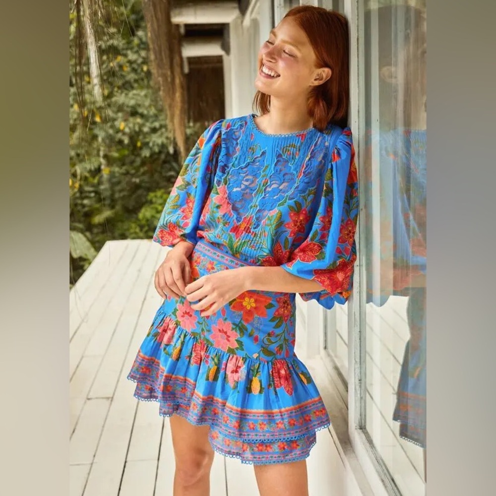 Farm Rio Blue Tropical Tapestry Mini Skirt